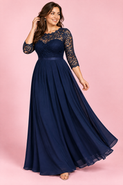 Robe longue bleu marine à empiècement en dentelle | Porté sur une autre silhouette | Lounelle Paris