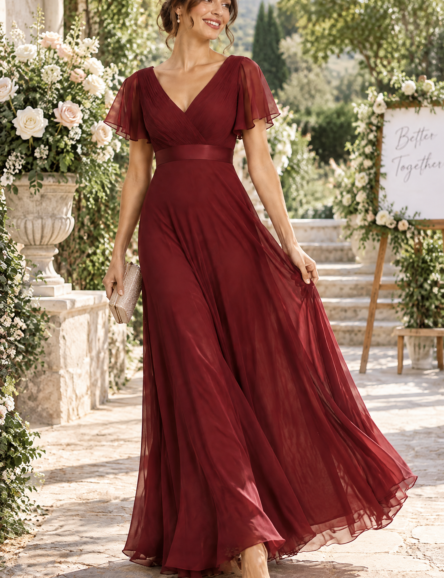 Robe longue plissée bordeaux à col V | Photo lifestyle | Lounelle Paris