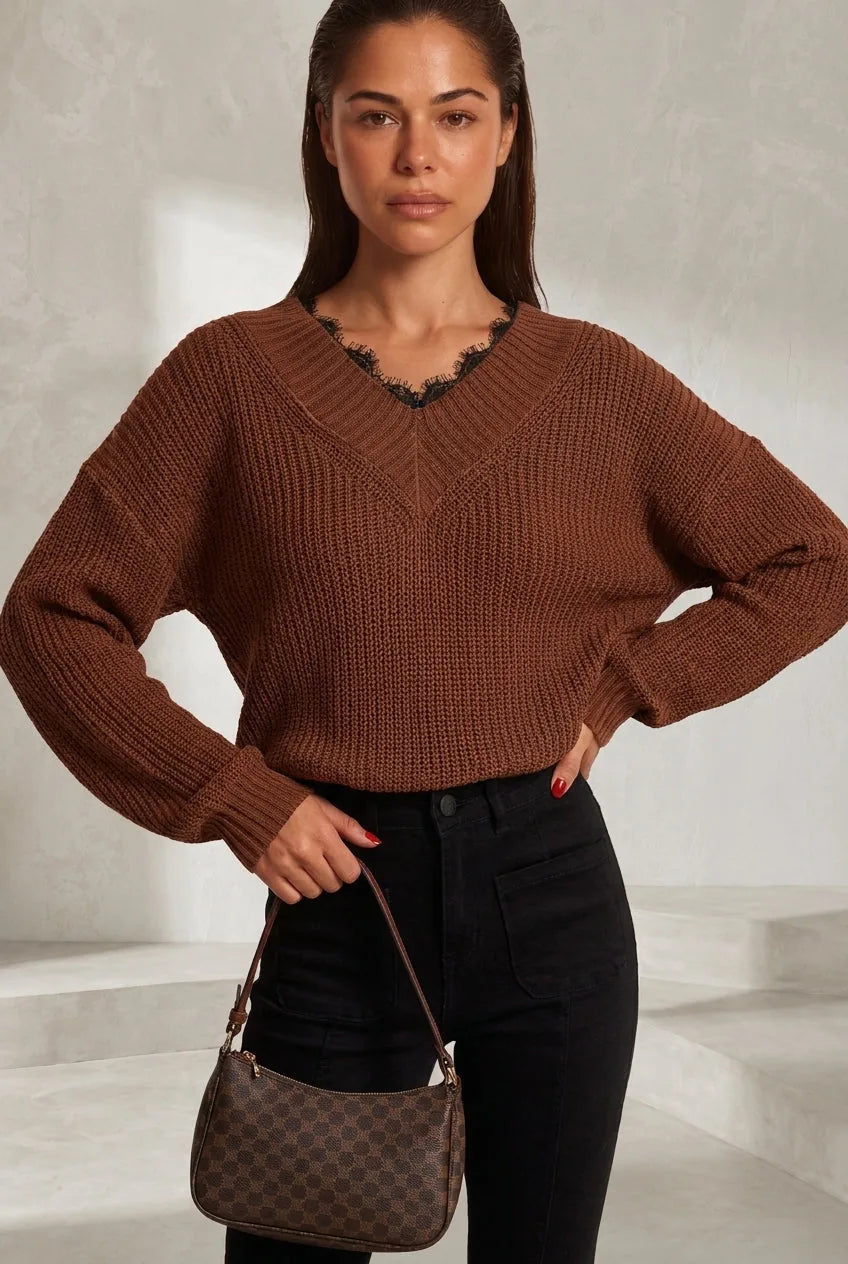 Pull col V à dentelle | Lounelle Paris