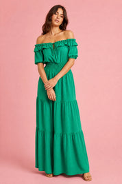 Robe à volants épaules dénudées | Variante Vert | Lounelle Paris