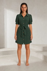 Robe chemise vert armée manches bouffantes