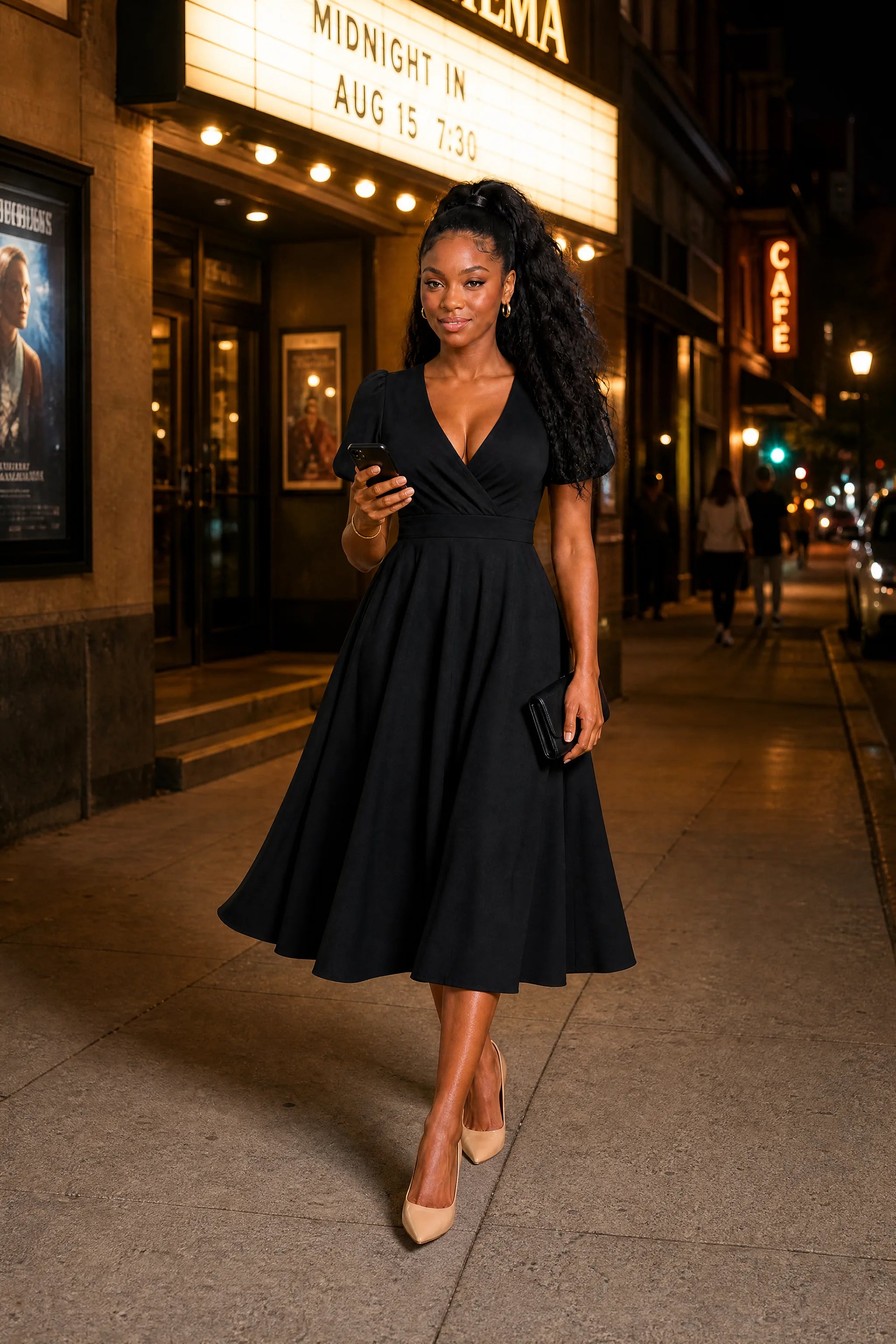 Robe col V croisé manches bouffantes | Variante Noir - Lifestyle | Lounelle Paris
