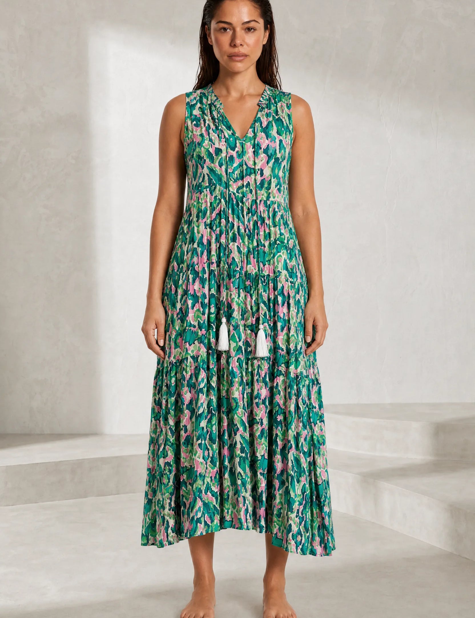 Robe imprimée col V franges | Lounelle Paris