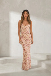 Robe longue abricot fleurie dos nu | Lounelle Paris