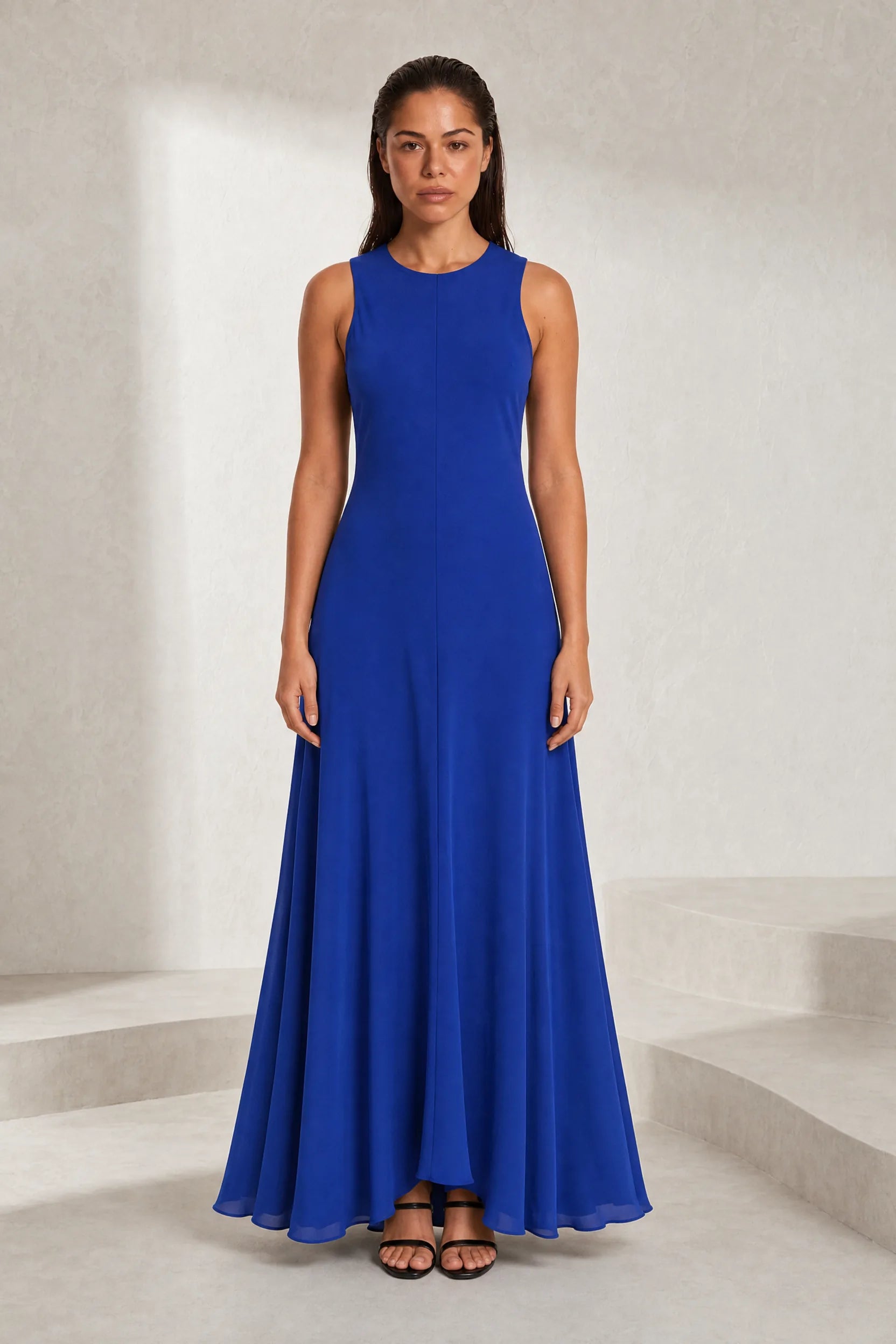 Robe longue bleue fluide sans manches | Lounelle Paris