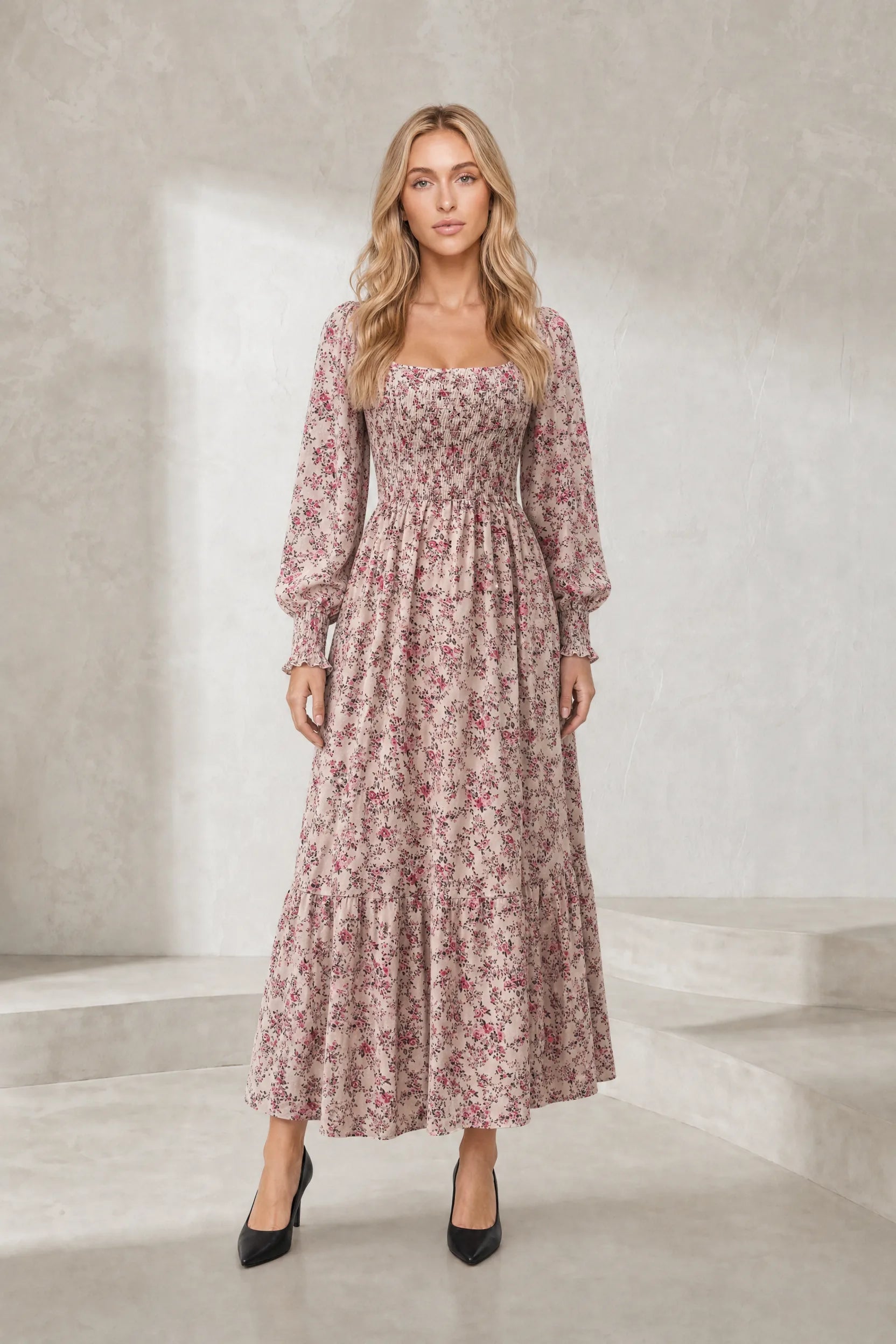 Robe longue fleurie manches bouffantes | Lounelle Paris
