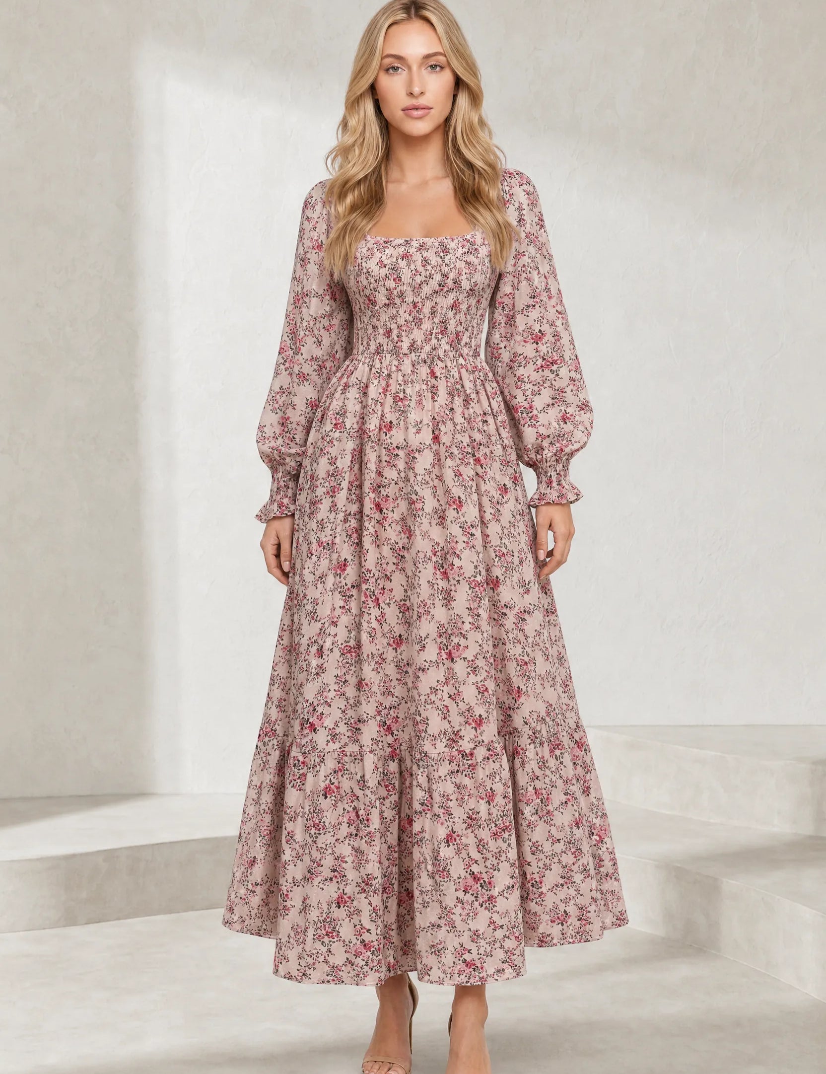 Robe longue fleurie manches bouffantes | Lounelle Paris