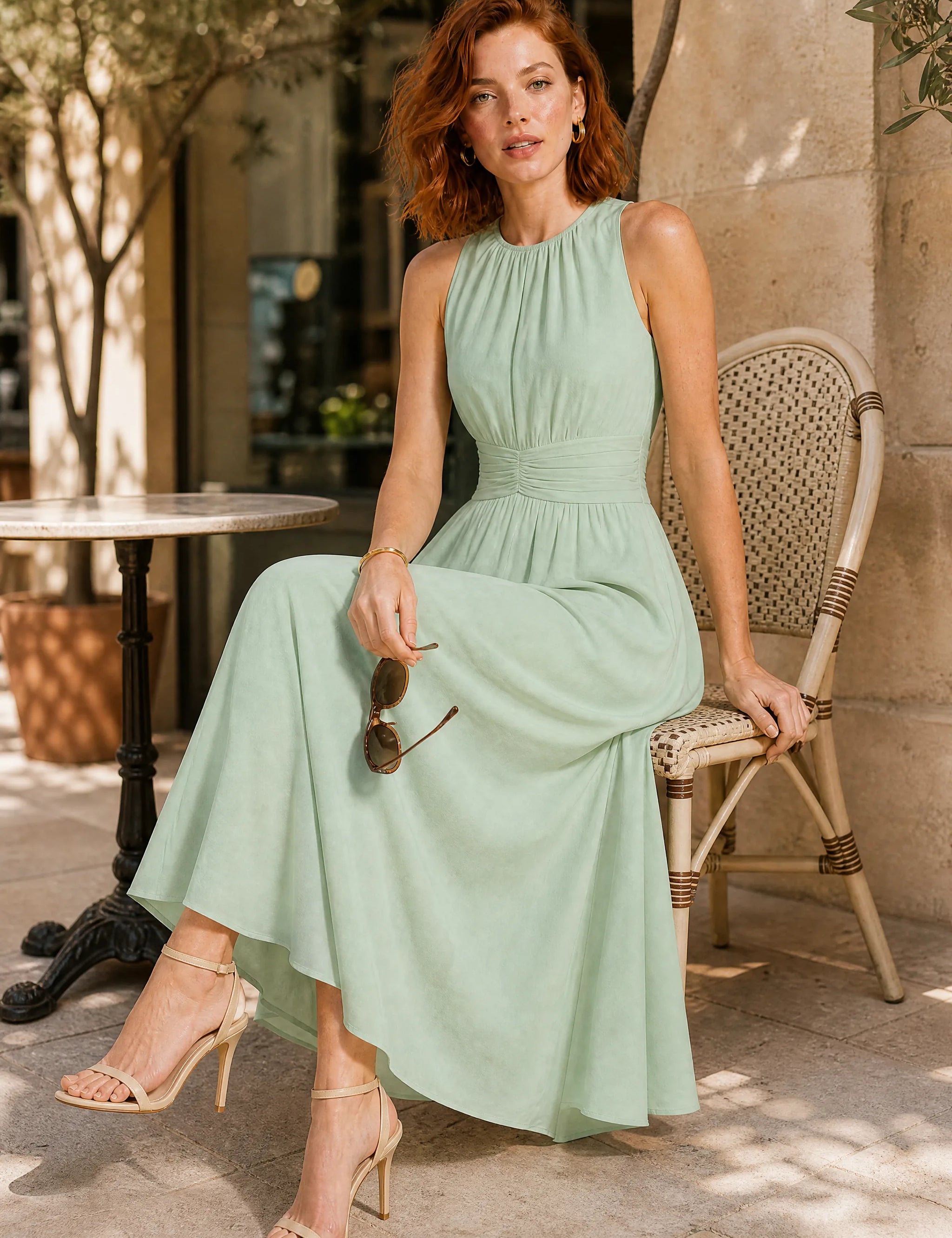 Robe longue fluide taille drapée | Variante Vert - Lifestyle | Lounelle Paris