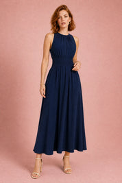 Robe longue fluide taille drapée | Variante Bleu marine | Lounelle Paris