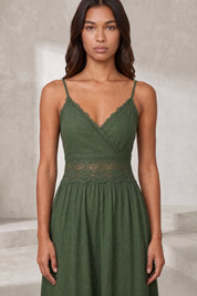 Robe longue vert foncé dos smocké | Lounelle Paris