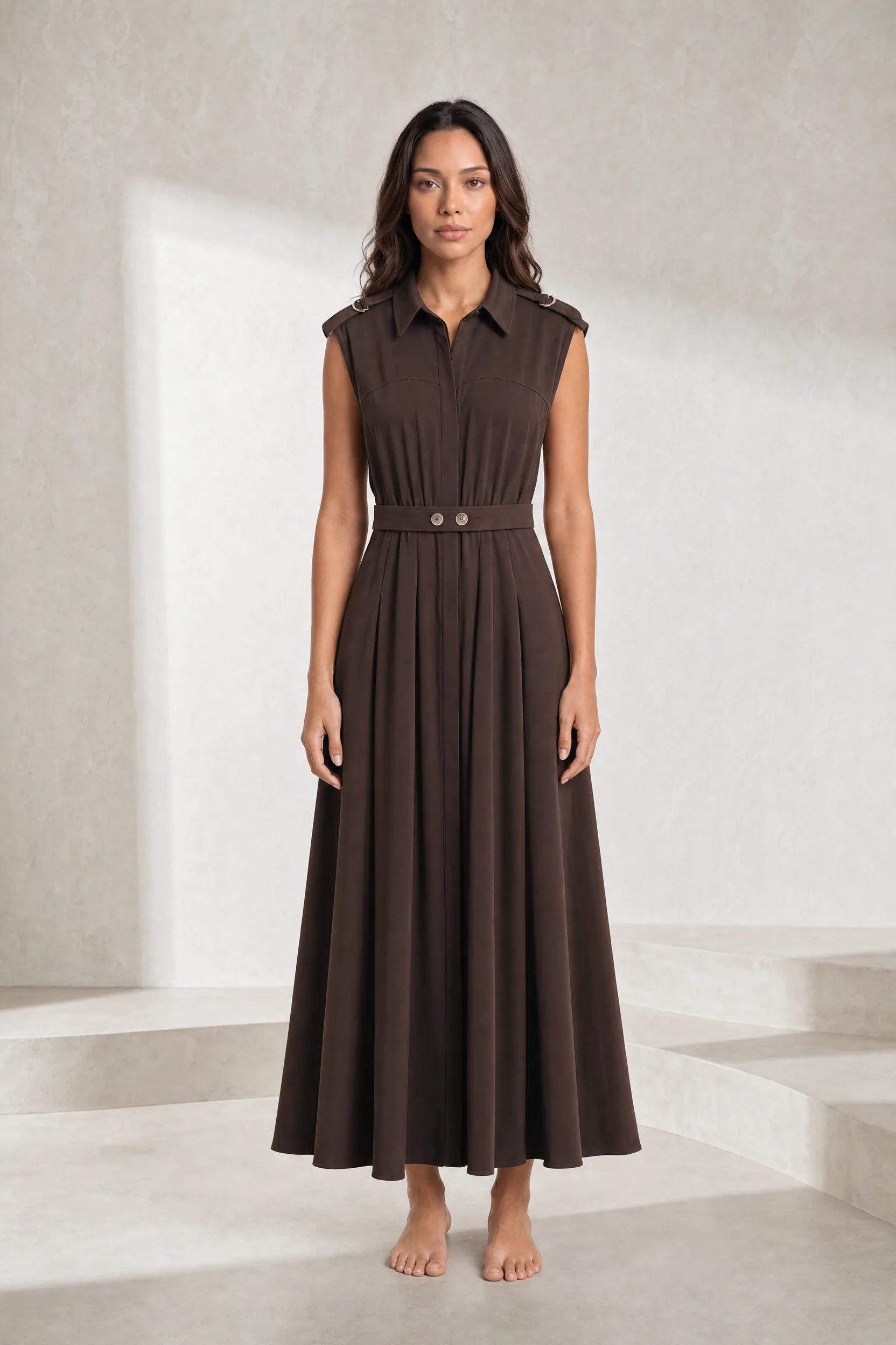 Robe marron col chemise ceinturée | Lounelle Paris