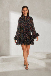 Robe noire imprimée à volants | Lounelle Paris