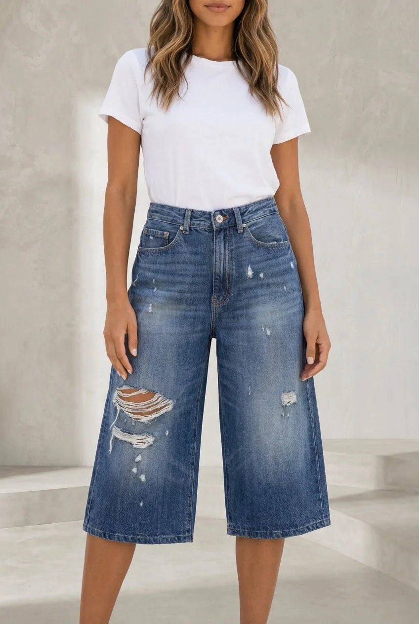 Short en jean large bleu délavé | Lounelle Paris