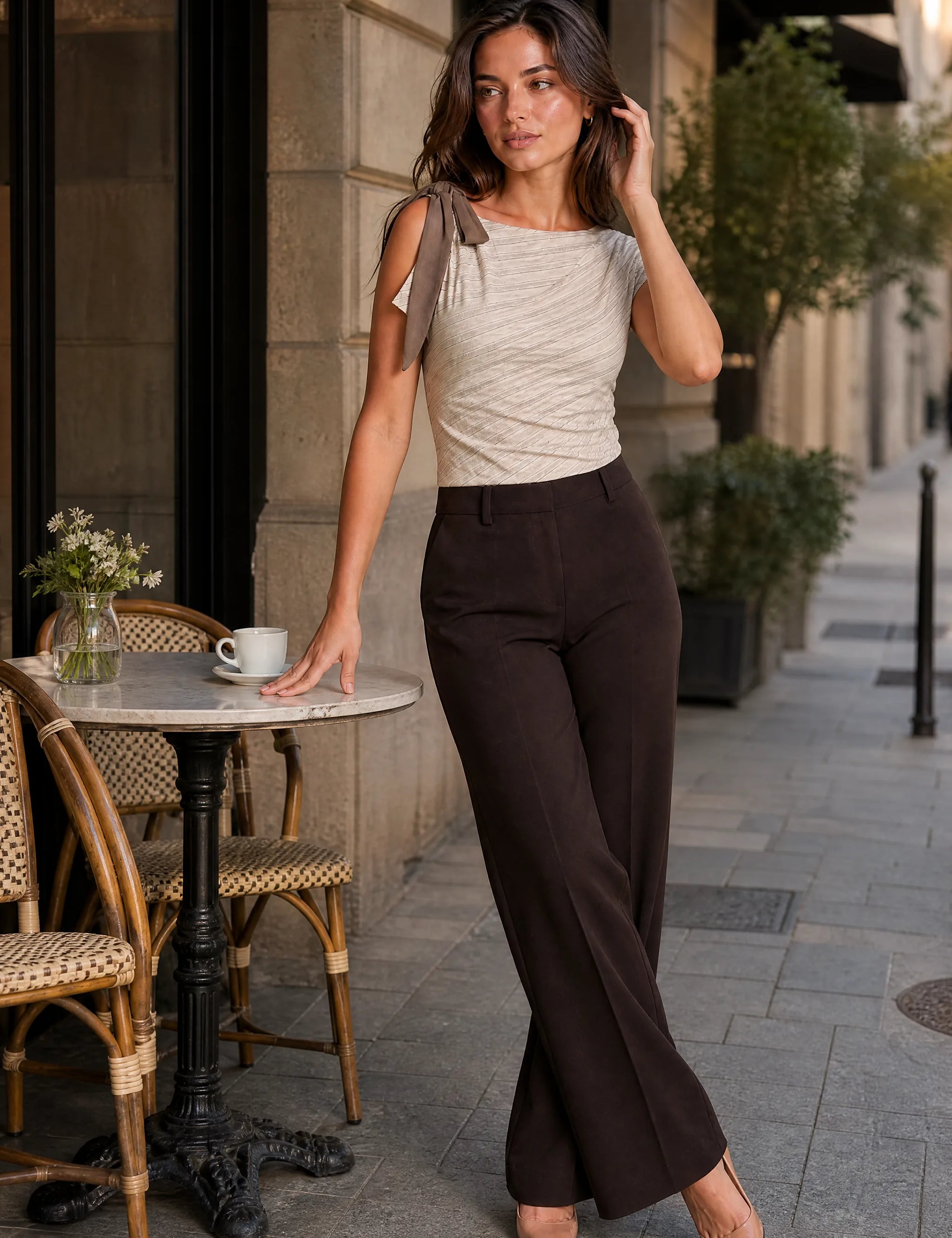 Top beige asymétrique épaule dénudée | Photo lifestyle | Lounelle Paris