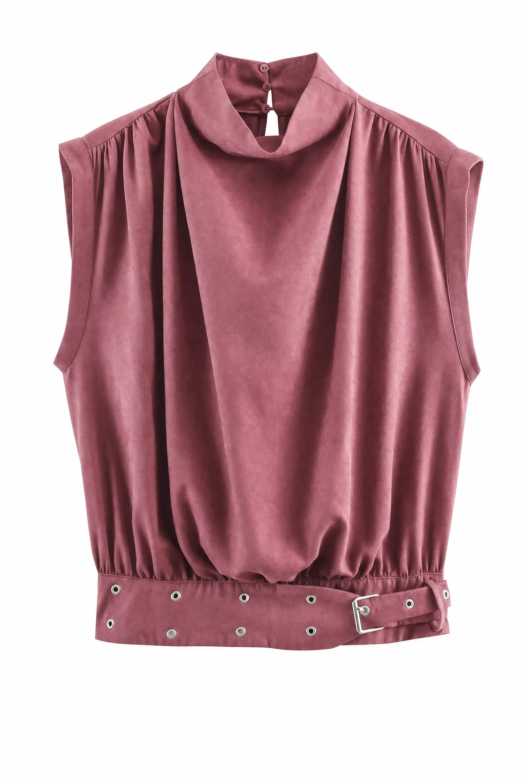 Top rose poudré col montant ceinturé | Lounelle Paris