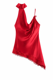 Top rouge asymétrique en dentelle | Lounelle Paris