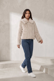 Veste beige effet fourrure col polo | Lounelle Paris