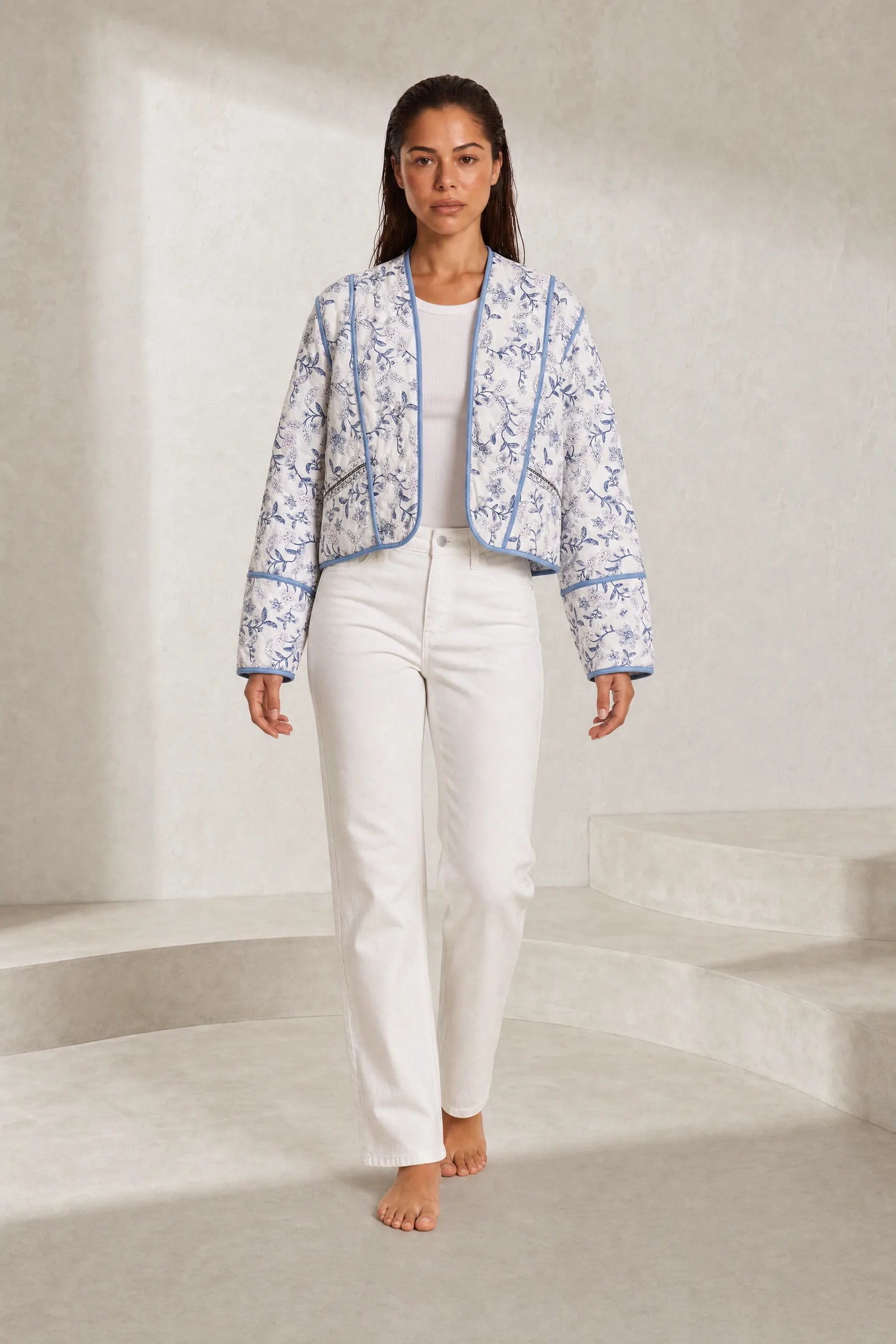 Veste matelassée blanche à imprimé floral | Lounelle Paris